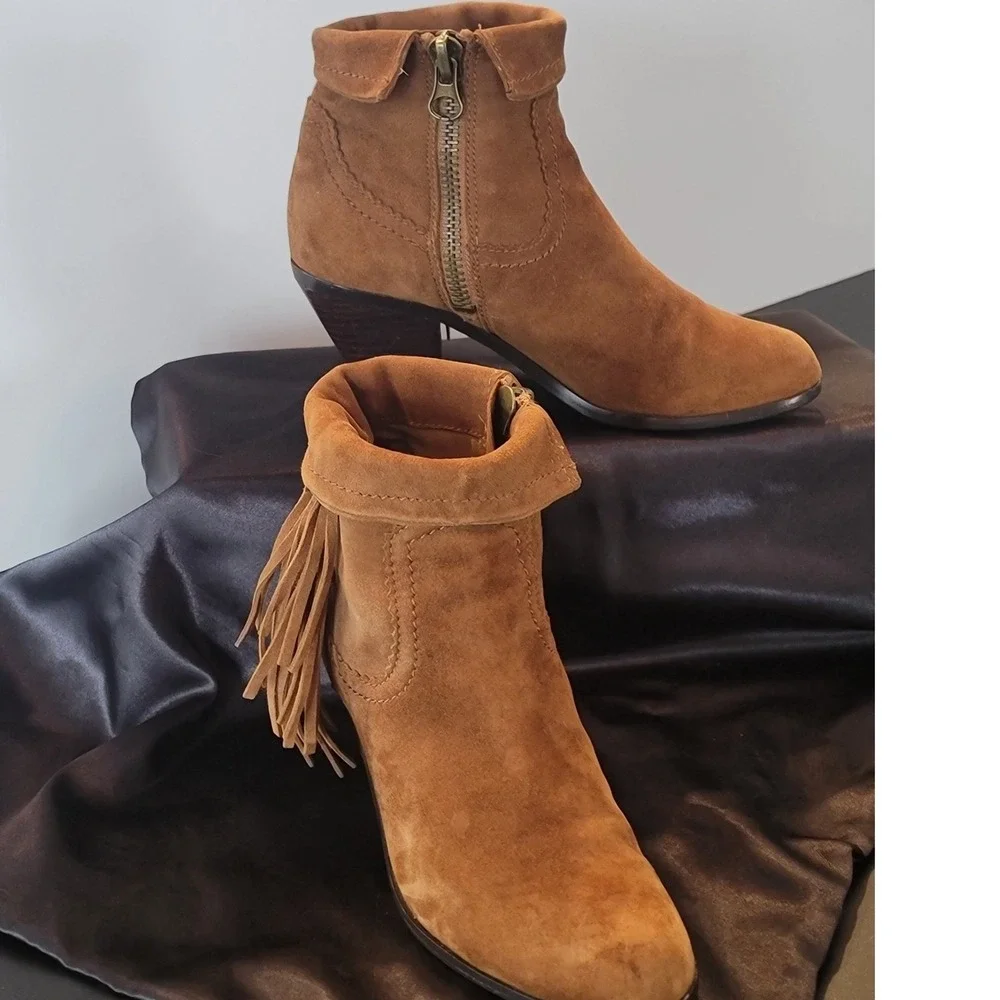 Sam Edelman Louie Tan Suede Fringe Ankle Boots Western Booties 5.5M B1275L4201